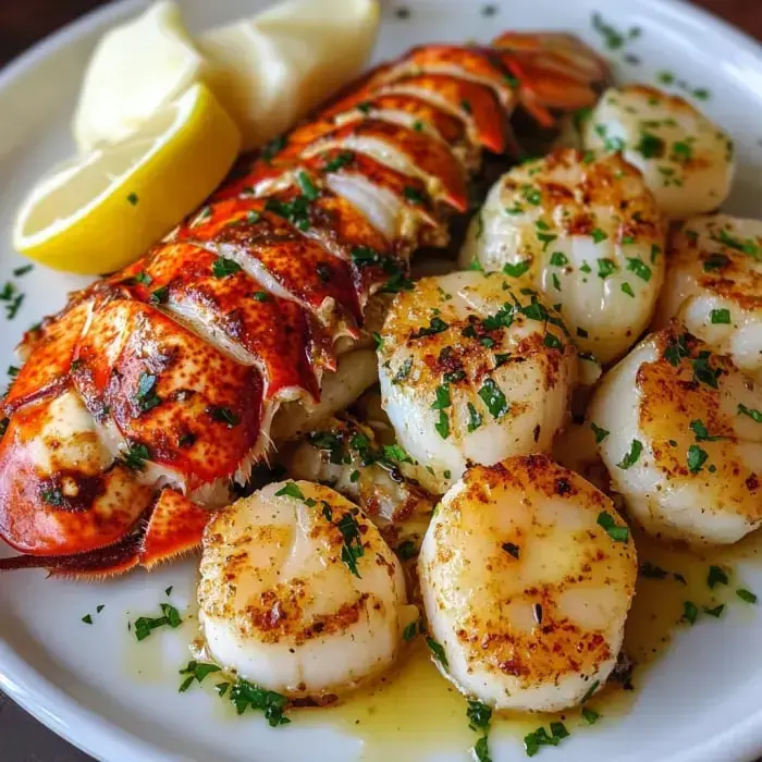 Perfectly broiled lobster tail next to golden seared scallops, all sprinkled with fresh parsley and served with zesty lemon slices.