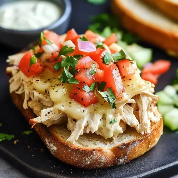 Toasted bread loaded with shredded chicken, bubbly cheese, fresh tomatoes, cilantro, with a dipping sauce on the side.