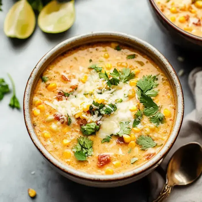 A serving of creamy corn soup with cheese, fresh cilantro, and tomatoes on top, plus lime slices nearby.