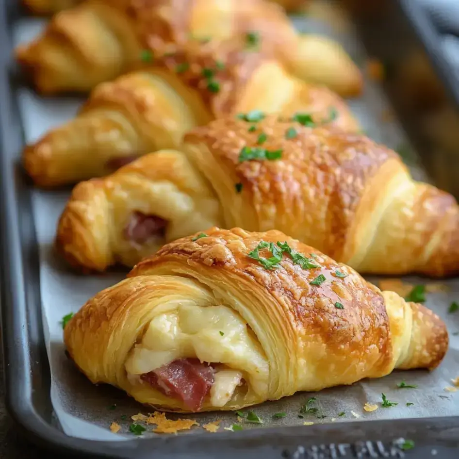A tray of golden-brown crescent rolls filled with cheese and corned beef, topped with parsley.