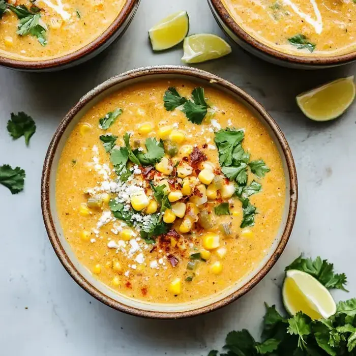 Creamy corn soup in a bowl, loaded with cilantro, extra corn, and cheese, plus lime wedges nearby.