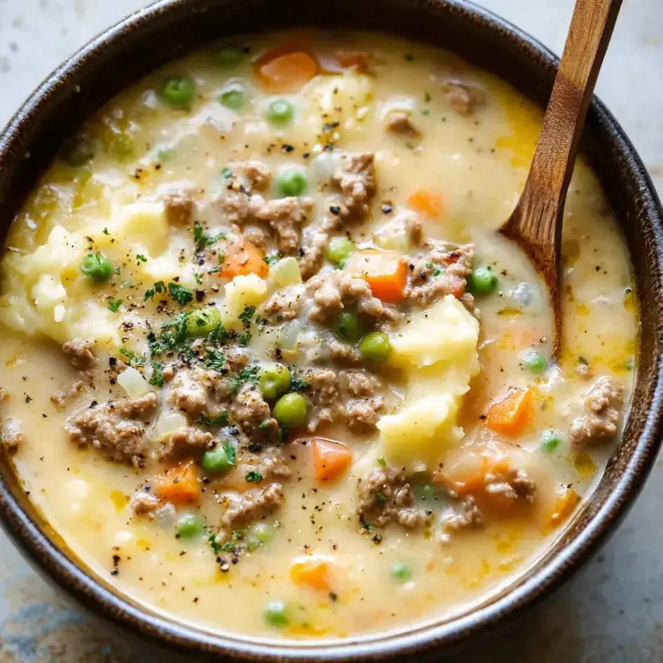 A big cozy bowl of ground beef and veggie stew, topped with fresh herbs, spoon ready on the side.