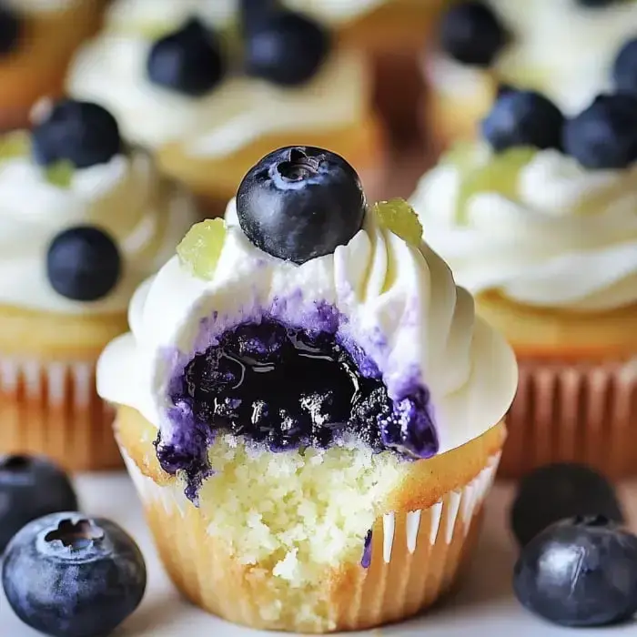 Blueberry-studded cupcake with fluffy white whipped cream and a blueberry on top, bite reveals juicy purple middle.