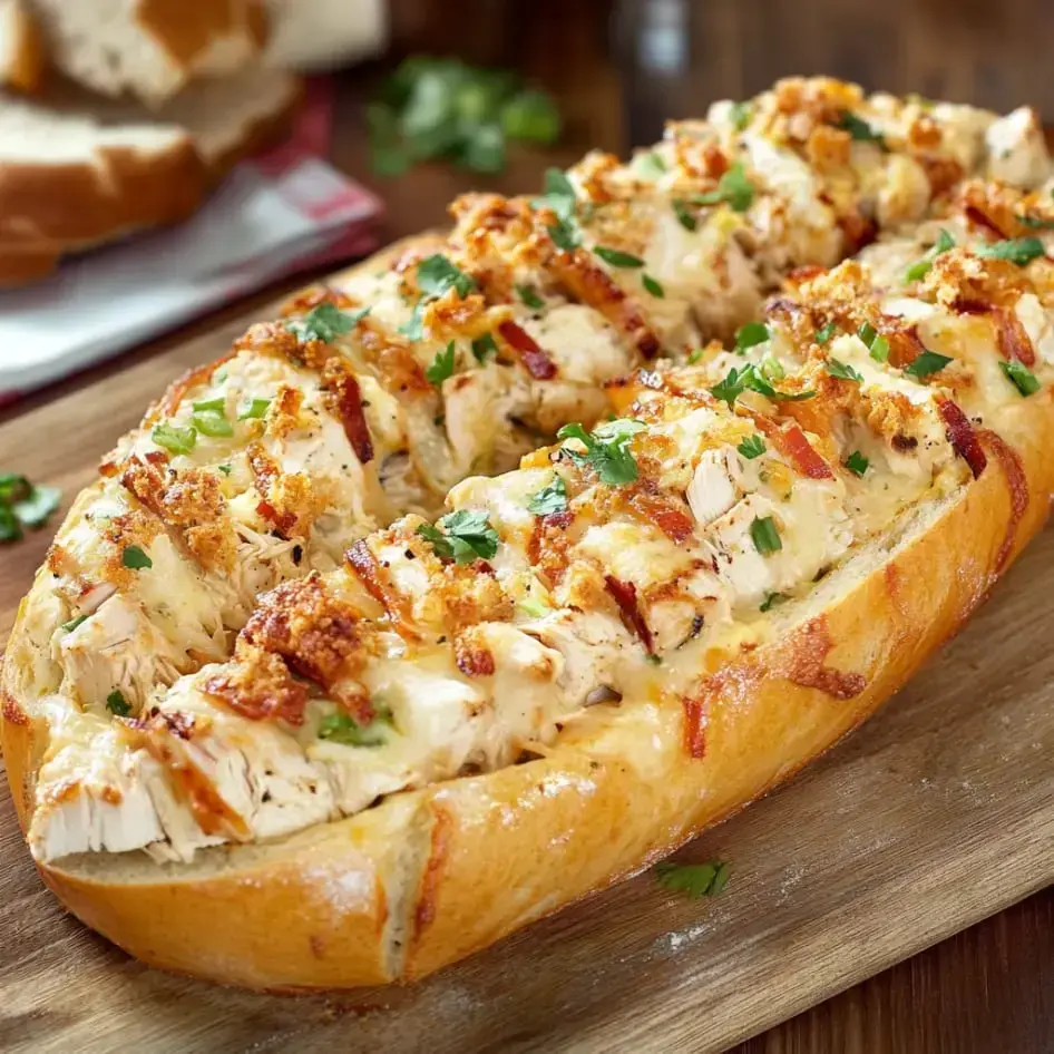 A warm, cheesy loaf overstuffed with chicken, bacon, and herbs sitting on a wooden board.