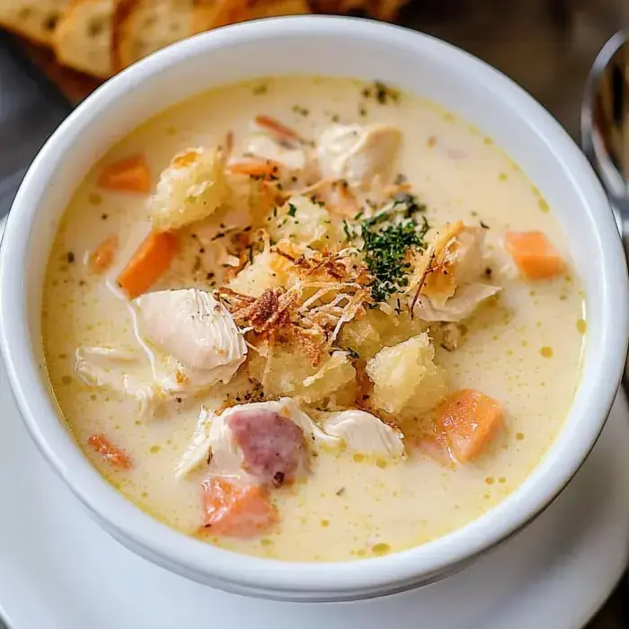 Creamy chicken soup packed with tender chicken, carrots, croutons, and fresh herbs in a white bowl.
