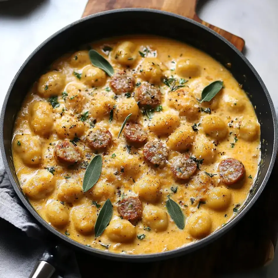 A skillet piled high with creamy gnocchi, slices of sausage, and a generous sprinkle of herbs and sage leaves.