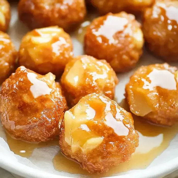 Glazed mini apple fritters piled together on a plate.