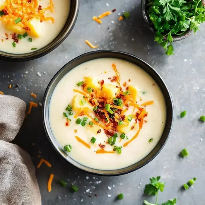 A close-up look at a creamy, cheesy soup topped with green onions and crispy bacon in a black bowl.