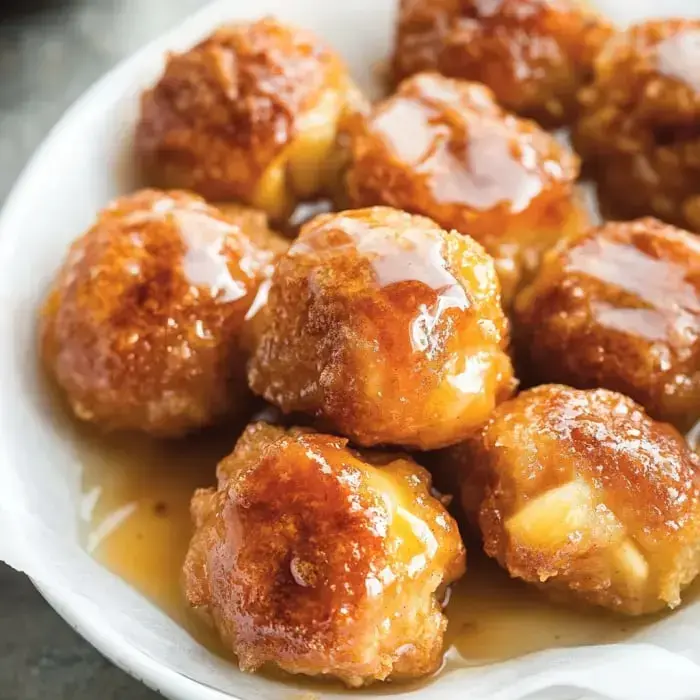Crispy golden fritter bites with sweet syrup on top, smiling up from a plate.
