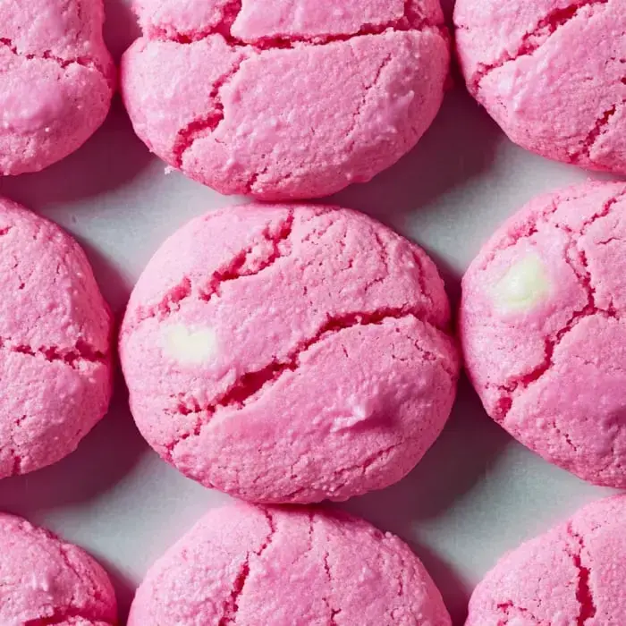 Pink cookies with white chocolate bites scattered on top, shown up close and cozy.