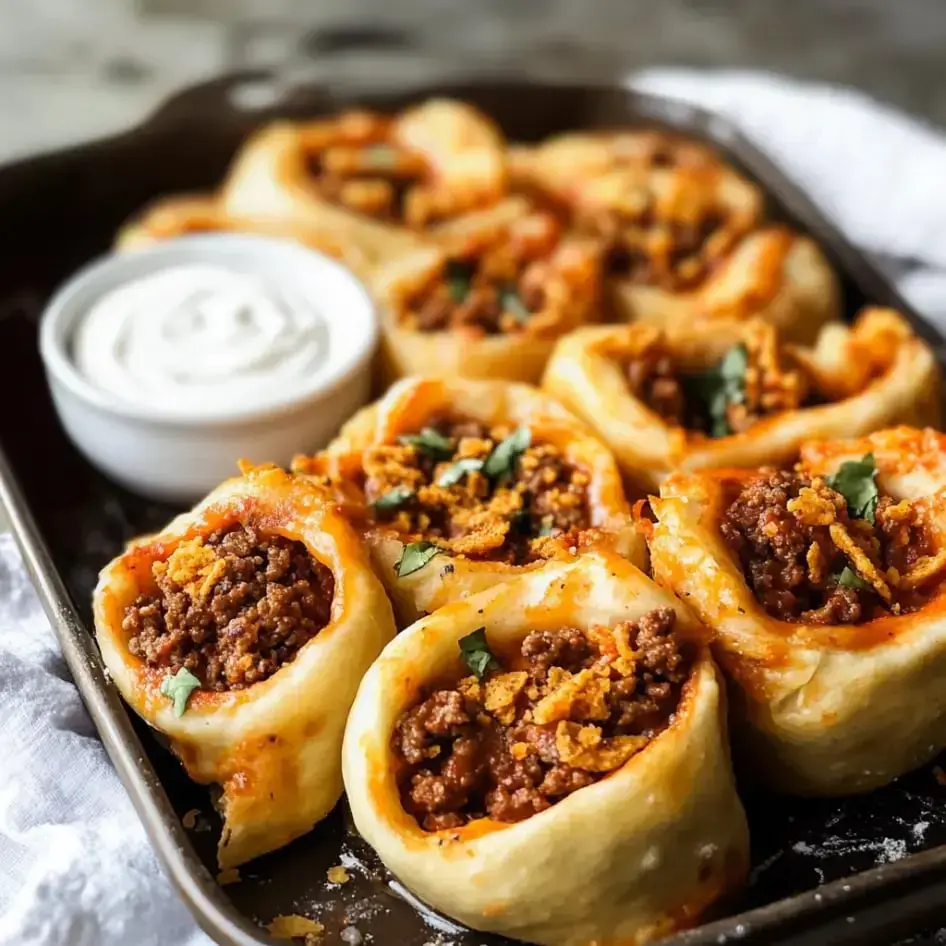 Slices of pizza dough stuffed with savory seasoned beef, scattered with crushed Doritos and fresh herbs next to a bowl of creamy dip.