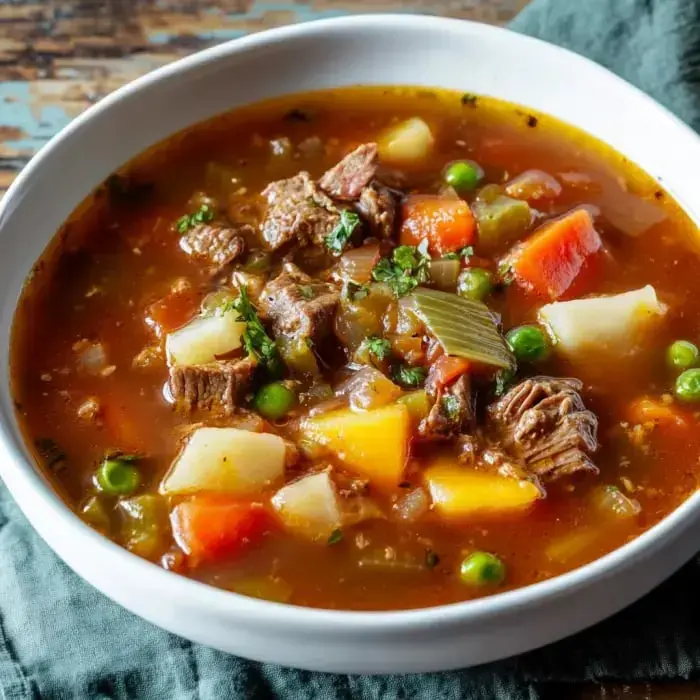 A hearty bowl brimming with chunks of beef, potatoes, peas, carrots, and green beans in a light broth.