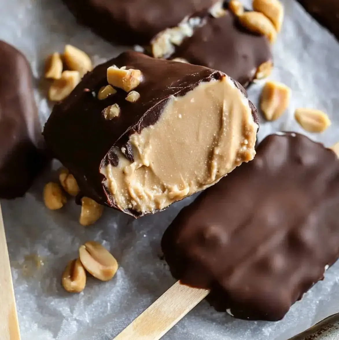 Chocolate shell with a chunk missing reveals creamy peanut butter middle, surrounded by lots of crushed peanuts.