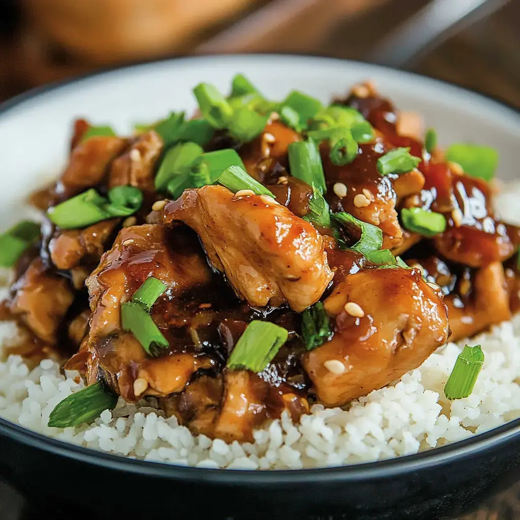 Rice topped with juicy glazed chicken pieces scattered with fresh green onions.