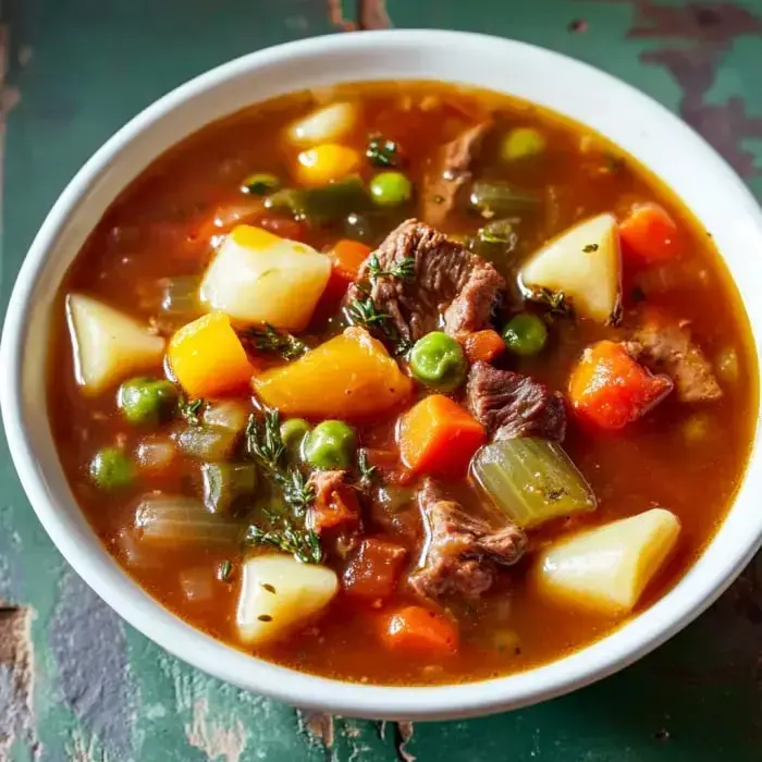 A big bowl filled with beef, potatoes, carrots, peas, and more veggie chunks swimming in a savory broth.