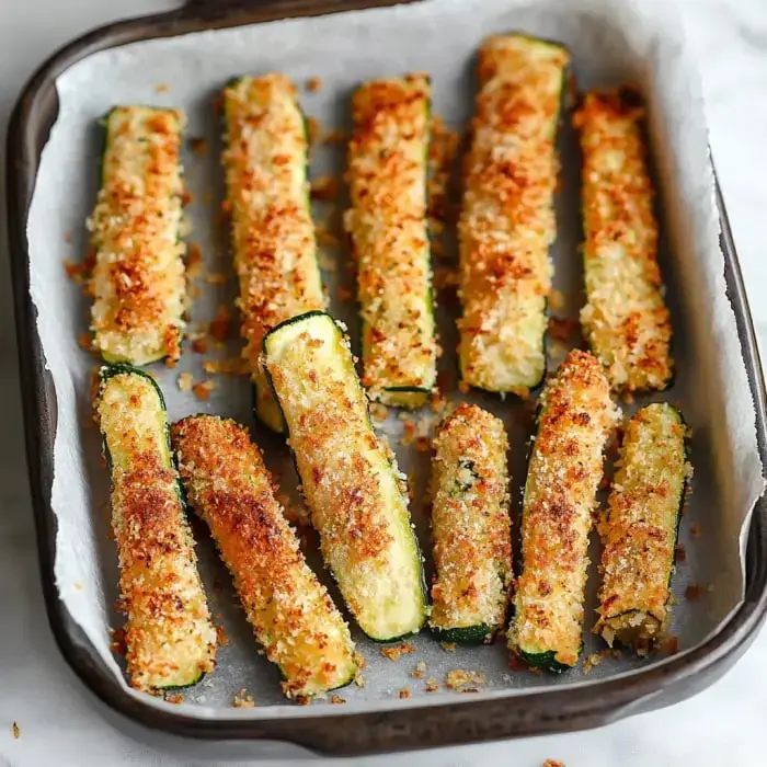 A baking sheet covered with crispy, breaded zucchini fries lined up on parchment paper.