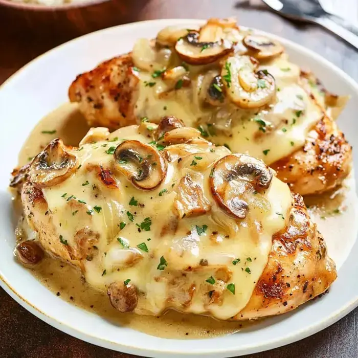 Juicy chicken breasts with gooey cheese, mushrooms, and a sprinkle of herbs, all on a plate ready to eat.