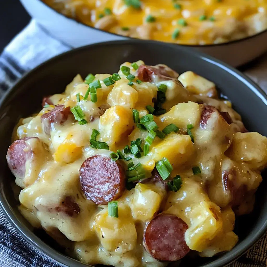 A dish with creamy potatoes and sausage, finished with fresh green onions on top.
