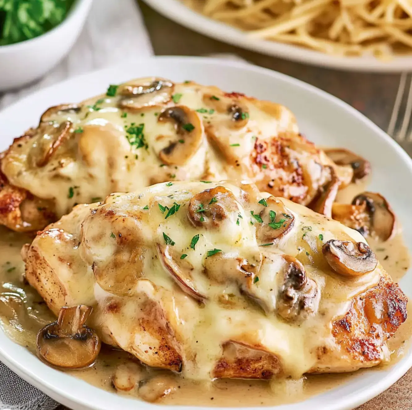 Two juicy chicken breasts with creamy mushroom topping, a bit of green herbs, spaghetti on the side, and a bowl of greens mainside.