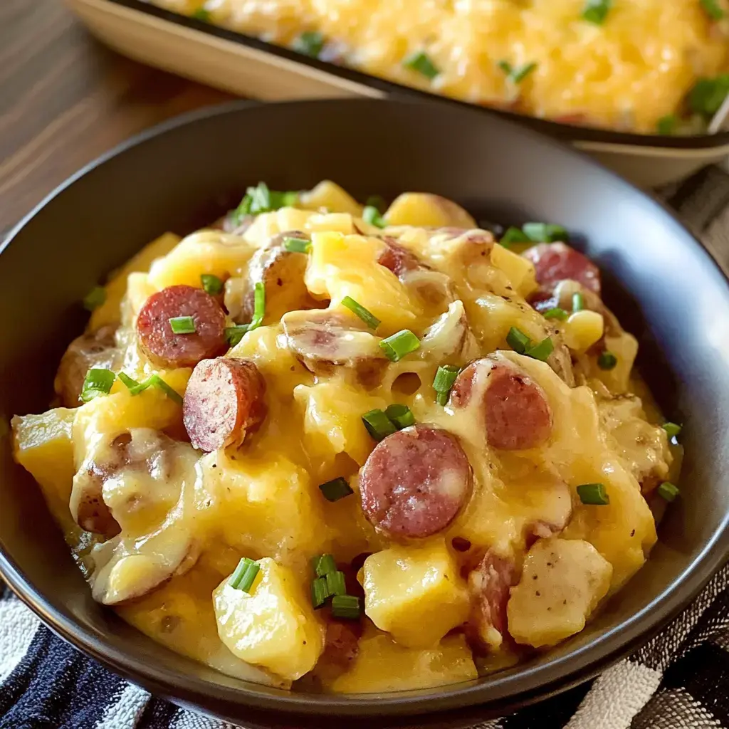 A serving bowl with creamy potatoes, sausage coins, and bright chives, with a cheesy casserole nearby.