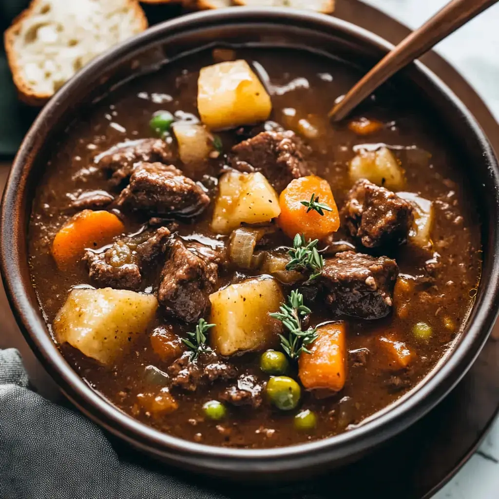 Chunky bowl of beef stew loaded with carrots, potatoes, peas, and hearty meat—fresh thyme sprinkled on top—served with slices of bread.