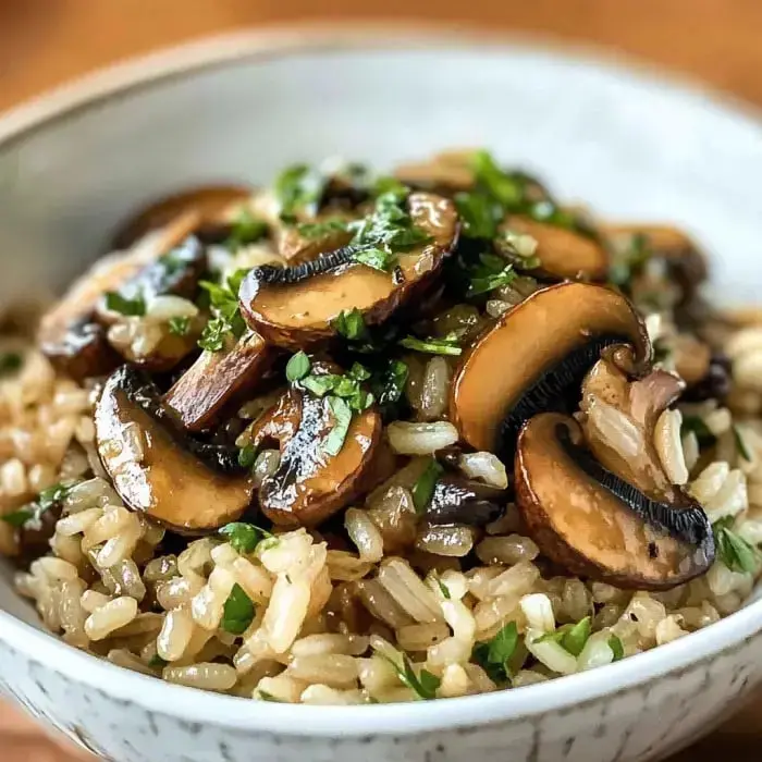 Hearty bowl with brown rice, sizzling mushrooms, and fresh herbs sprinkled on top.