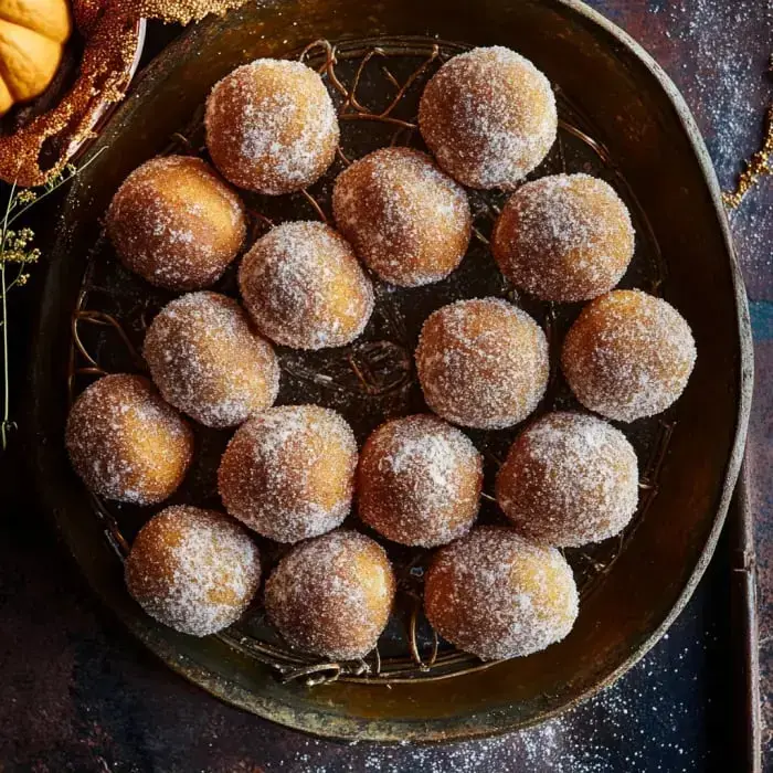 A golden platter packed with round sugared dough balls all lined up nicely.