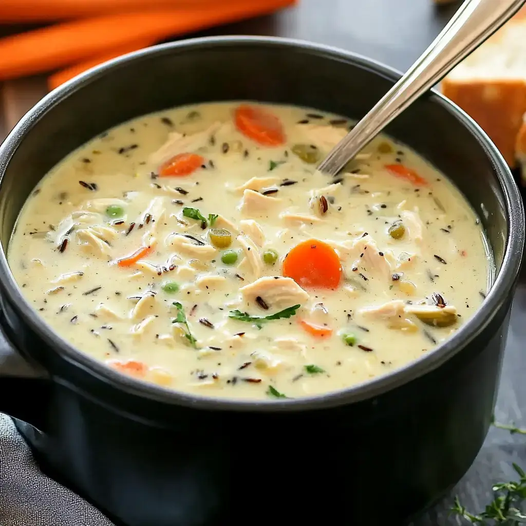 A bowl filled with creamy chicken soup with veggies like peas and carrots, plus a spoon for eating.