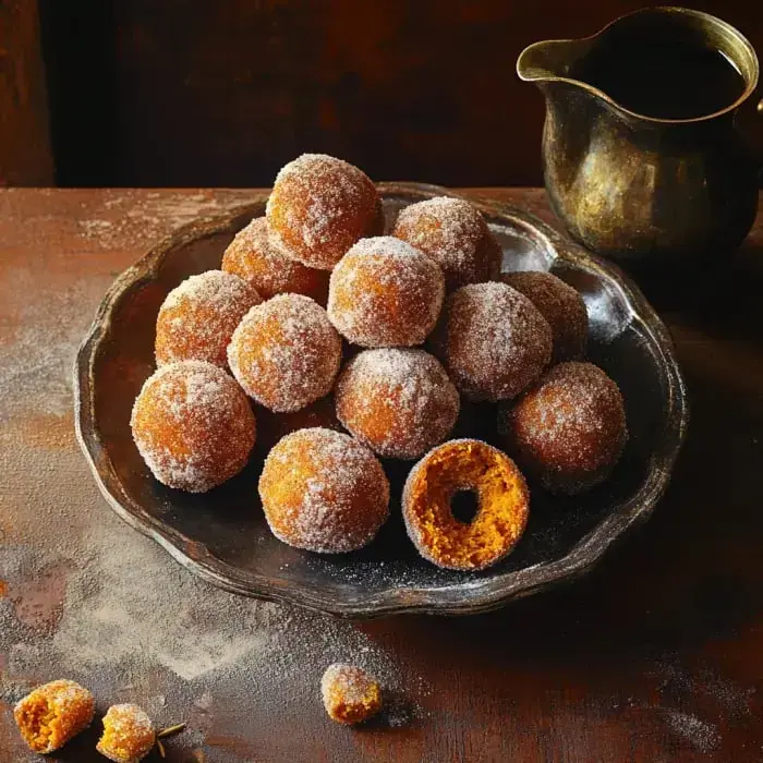 A metal plate stacks up sugar-dusted donut holes—one’s already half eaten. There's a little pitcher close by.