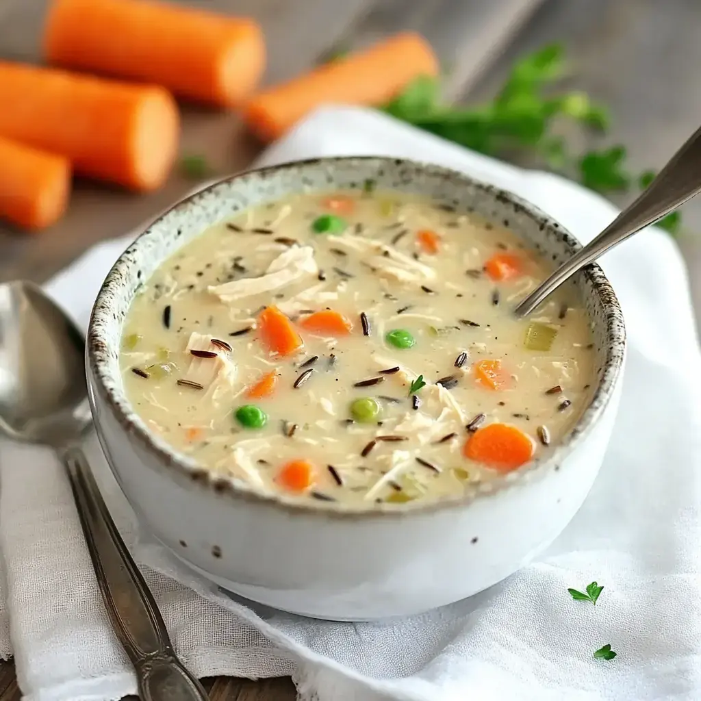 Bowl of creamy chicken and wild rice soup, loaded with veggies, shown with fresh carrots nearby.