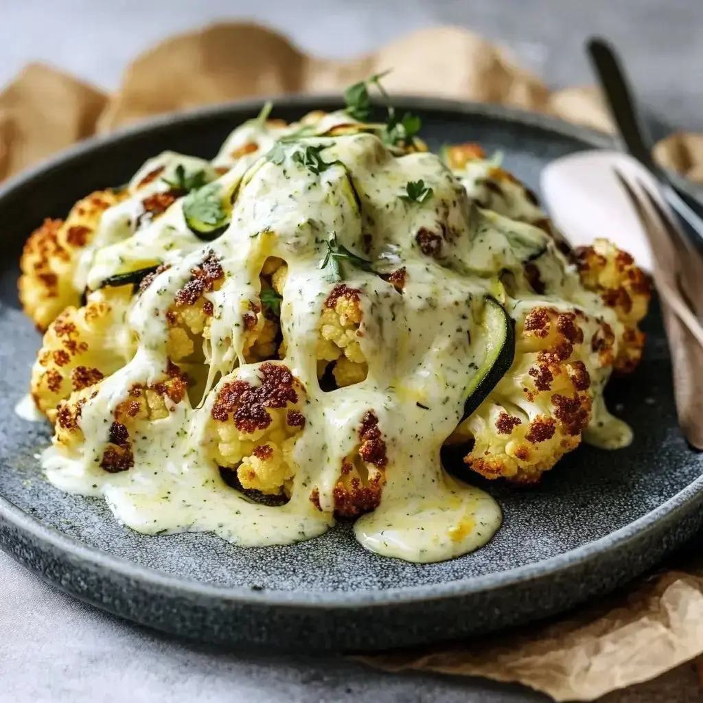 Roasted cauliflower stacked on a plate with a rich creamy herb topping, finished with fresh greens.
