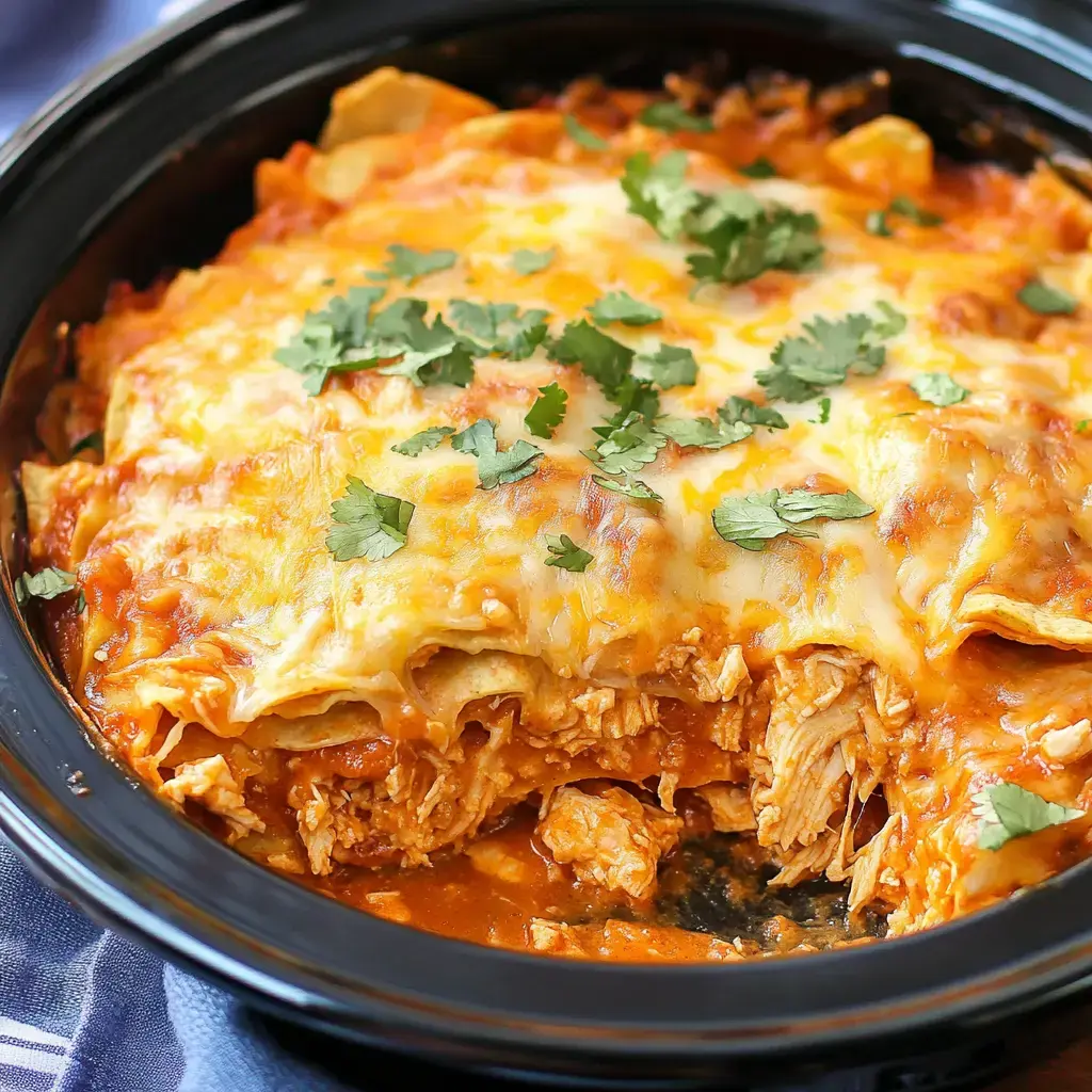 Cheesy chicken enchilada bake with fresh cilantro sprinkled on top, shown close-up.