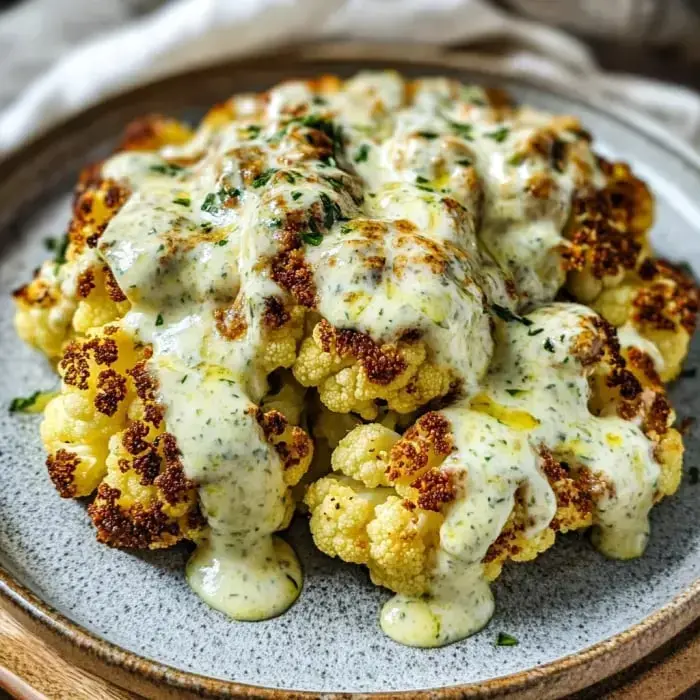 Roasted cauliflower served with a smooth cheese sauce and a sprinkle of fresh herbs.