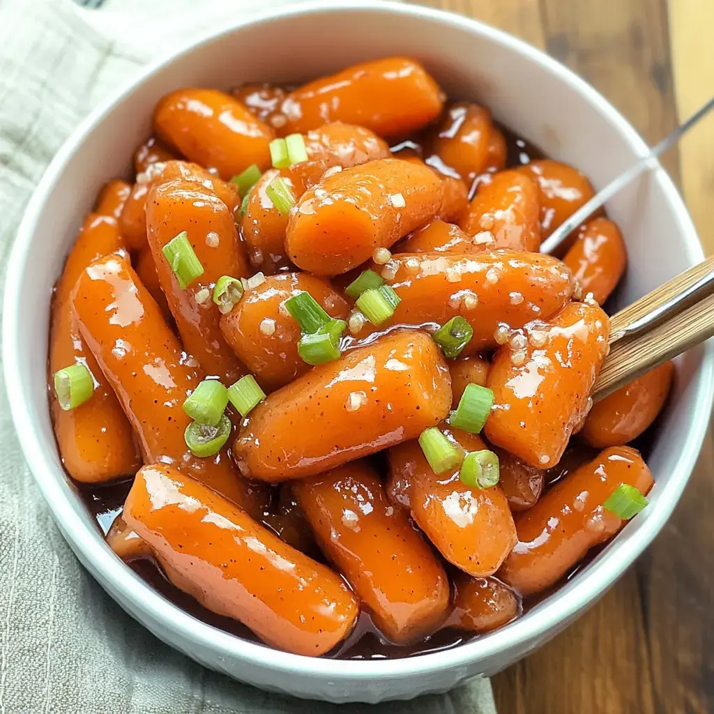 Carrots glazed and topped with green onion in a bowl.