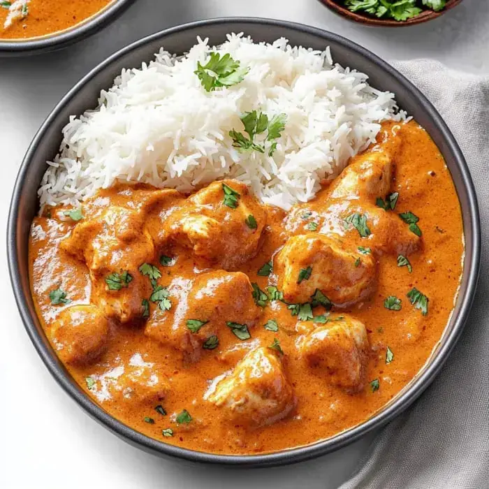 Creamy orange chicken dish with fluffy rice, cilantro on top.