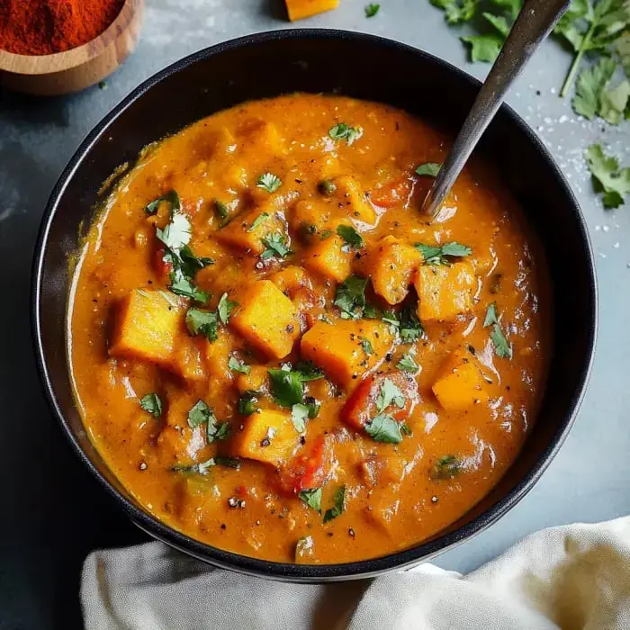 Bright, hearty pumpkin curry in a bowl topped with fresh cilantro and a spoon ready to dig in.