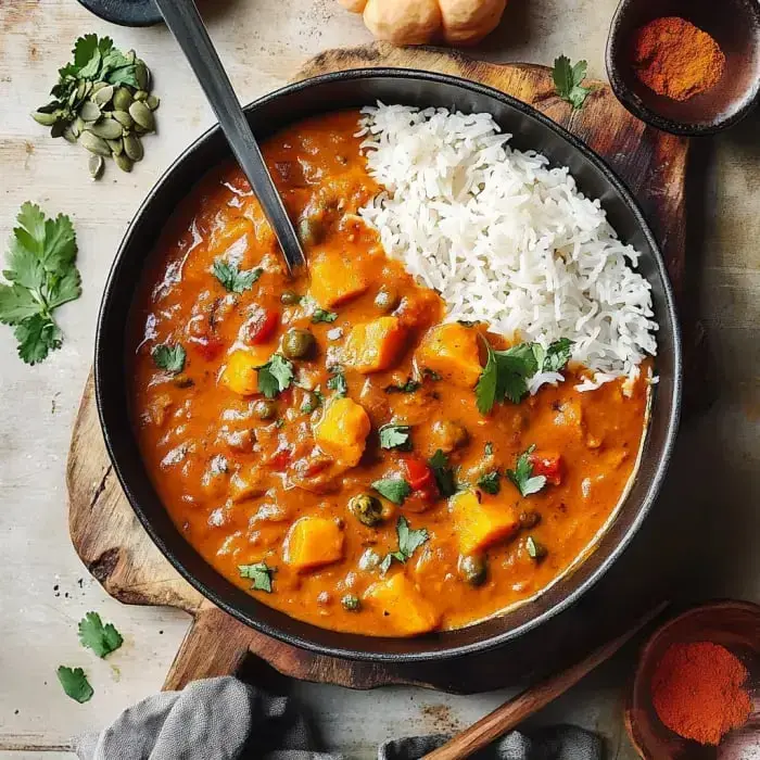Hearty pumpkin and veggie curry with peas, a side of fluffy white rice, and cilantro sprinkled over the top.
