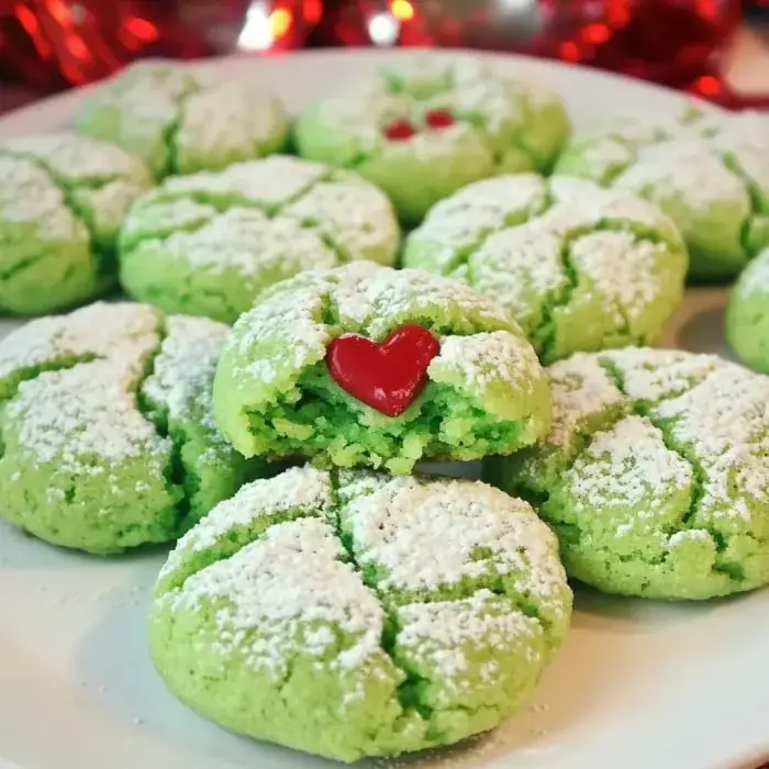 Sugar-coated green cookies with a red heart inside, broken open to show the middle, sitting on a plate.