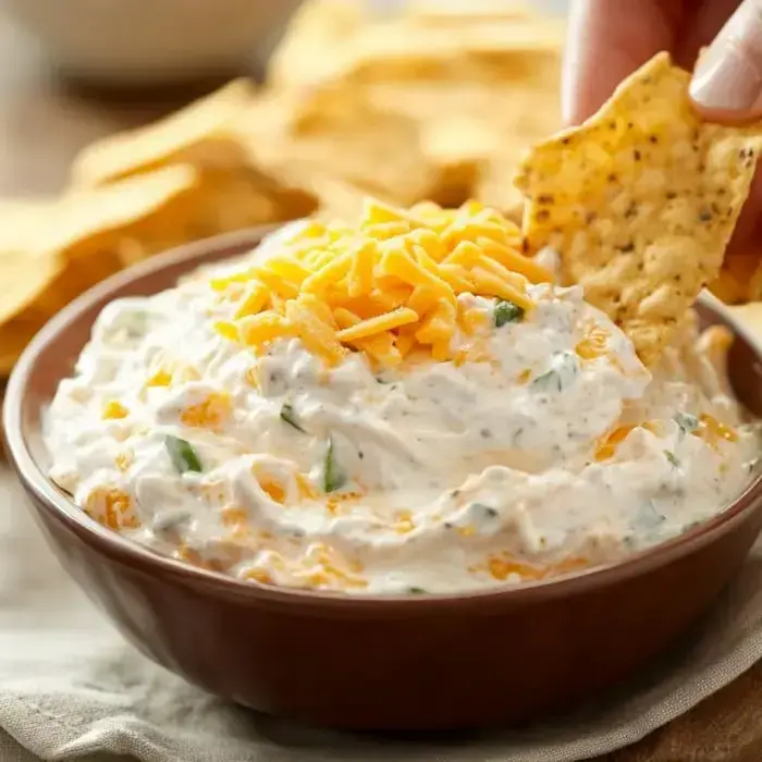 Someone dipping a chip into creamy dip covered in cheese, surrounded by more chips, ready to snack.