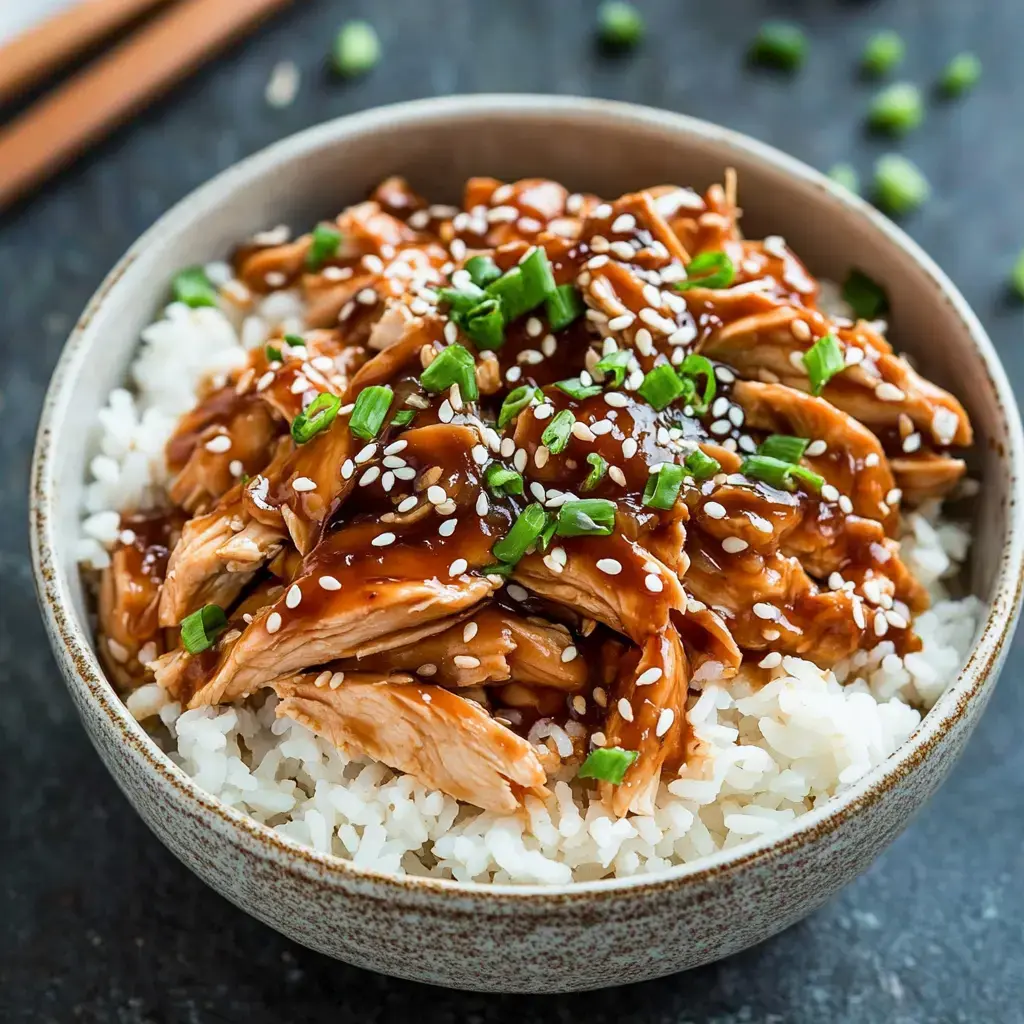Bowl of fluffy white rice with saucy shredded chicken, topped with sesame seeds and green onion sprinkles.
