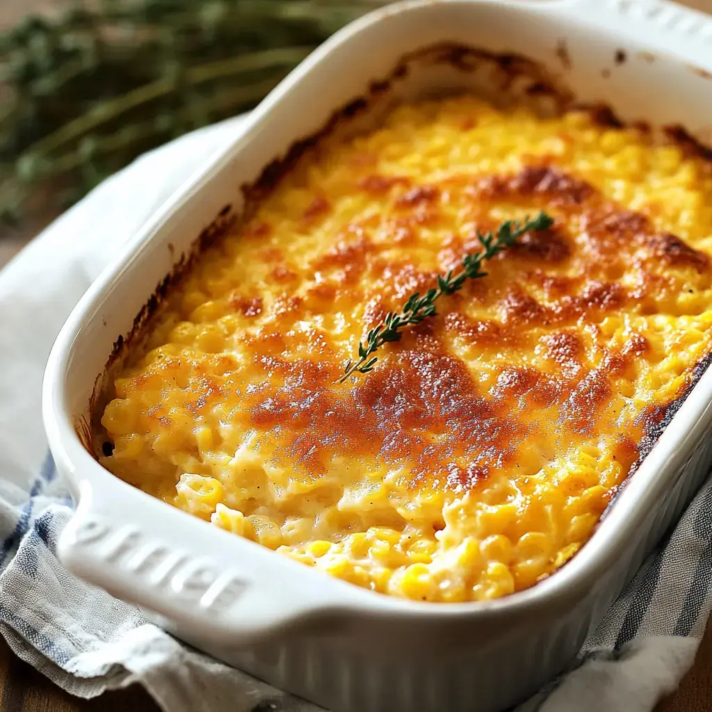 A golden, creamy macaroni and cheese fresh from the oven. A sprig of thyme sits on top.