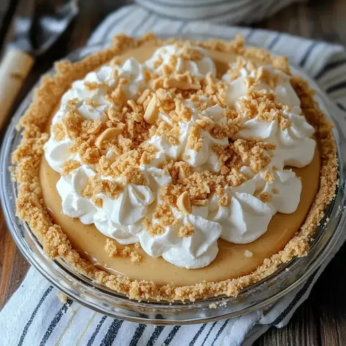 A rich creamy pie topped with fluffy whipped cream and chopped nuts in a glass dish.
