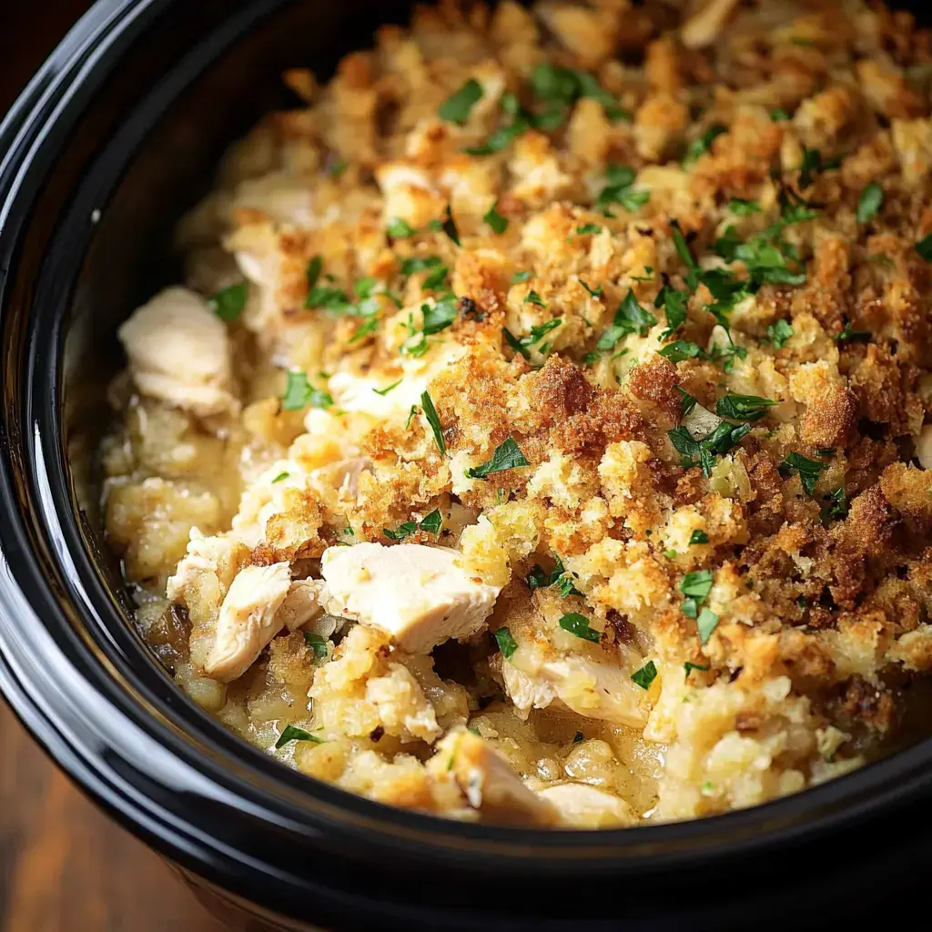 A steaming dish filled with juicy chicken under a crisp, golden stuffing topping, finished with fresh herbs.