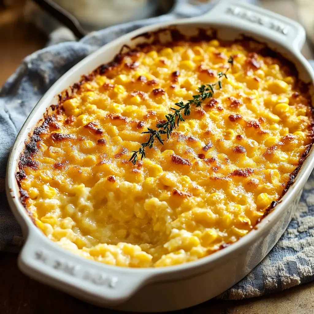 A comforting dish of golden corn casserole with thyme on top.