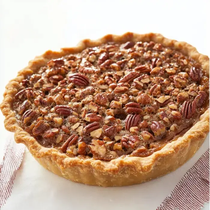 Golden pecan pie fresh from the oven, loaded with chopped and whole pecans in a flaky crust.