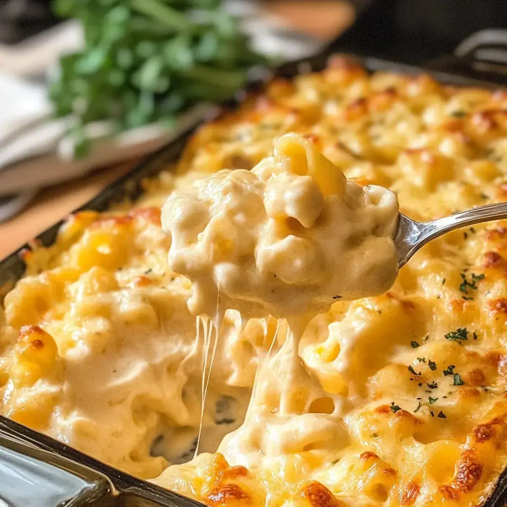 Spoon scooping stretchy, cheesy mac and cheese from a dish in the background. Loads of gooey cheese!