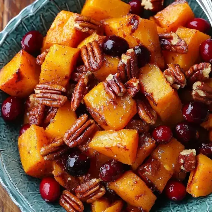 Bright bowl loaded with roasted butternut squash cubes pecans and cranberries set out on a pretty serving dish.