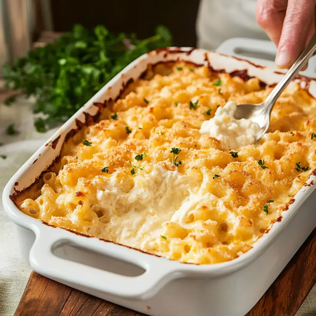 Creamy mac and cheese scooped from a white pan, finished with toasty breadcrumbs and a sprinkle of parsley.