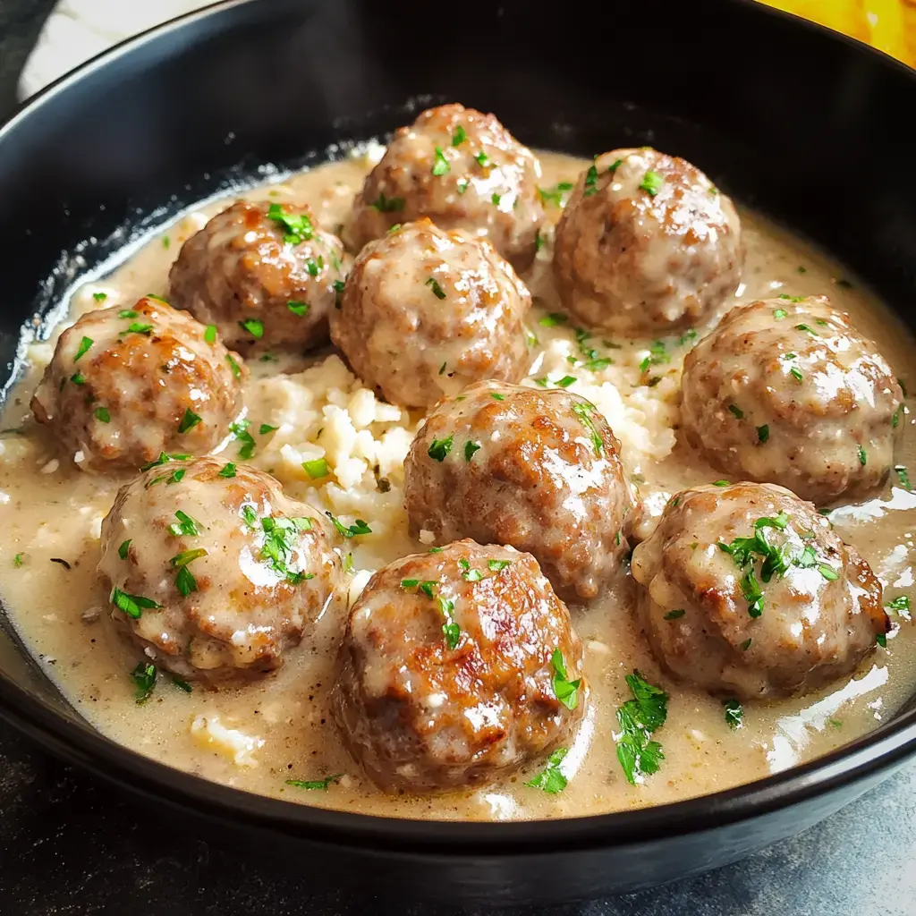 Meatballs in smooth brown sauce, topped with herbs and served over steamed rice in a black bowl.