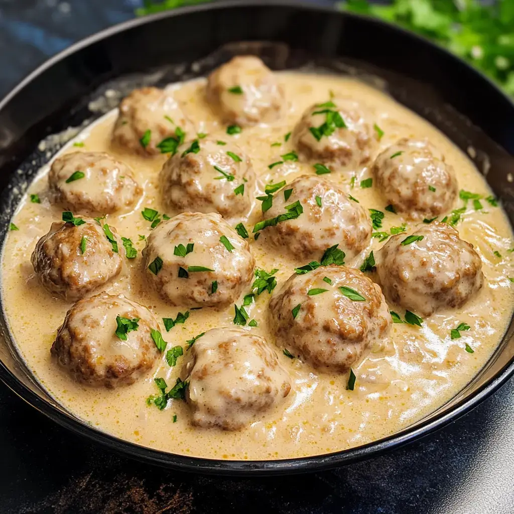 Smooth saucy meatballs topped with greenery, set in a black bowl.
